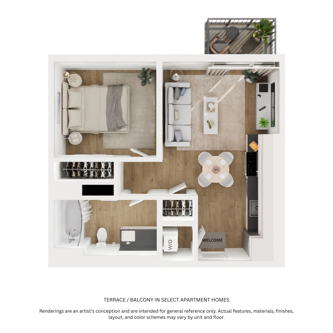 Floor plan for 1 bed, 1 bath, 494 sqft